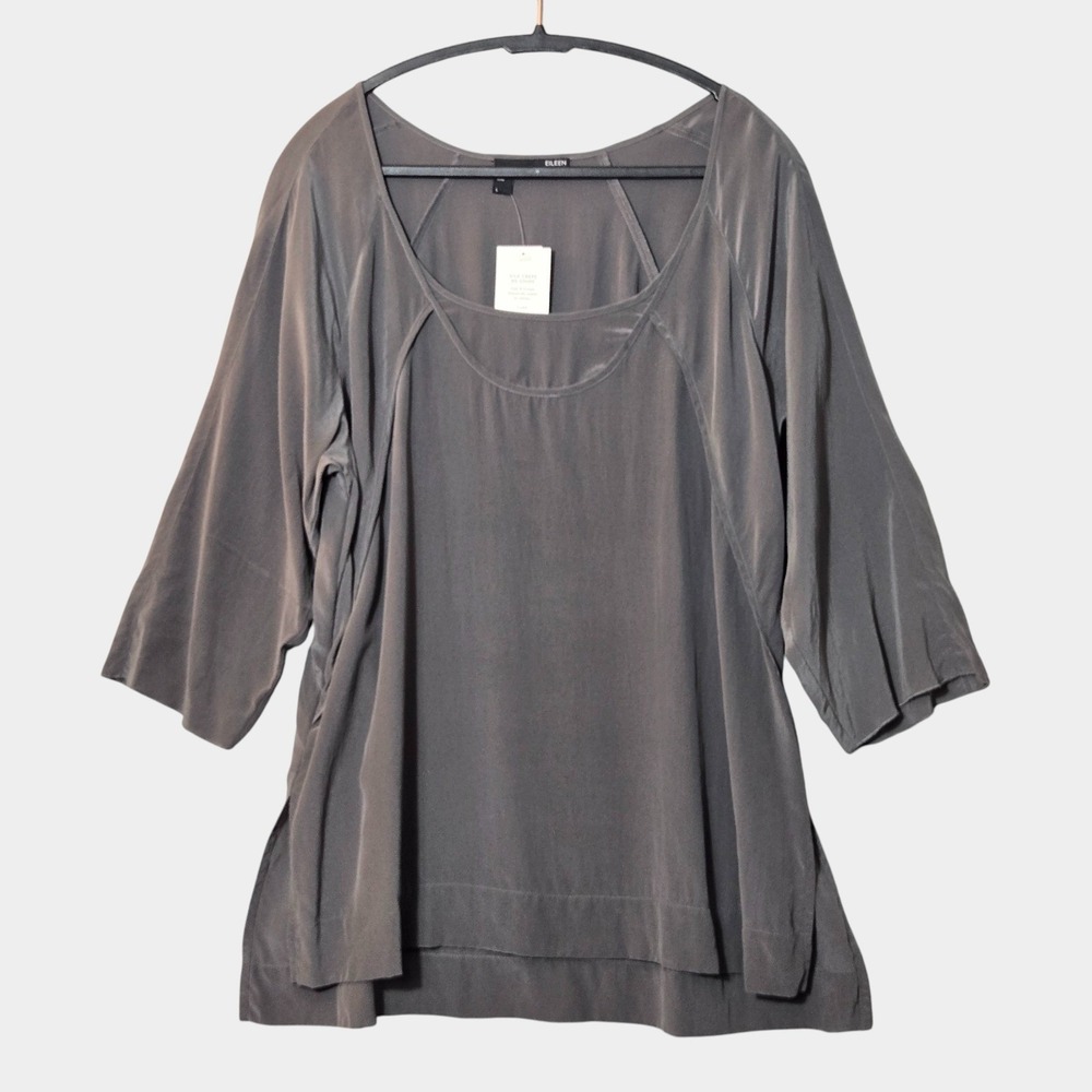 Eileen Fisher‎ Silk Crepe de Chine Round Neck Easy Top Gray L Quiet Luxury NWT